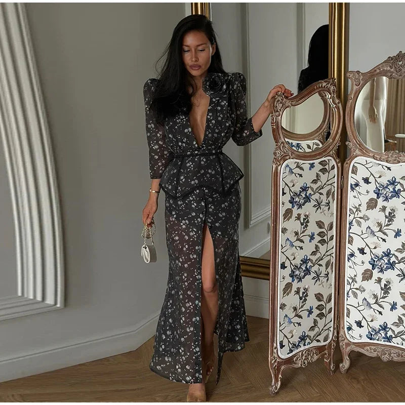 Elegant Printed Women's Dress V-neck Front Split Waist-closed Sashes Wrist Sleeve Gauze Dresses 2026 Summer Chic Female Robe