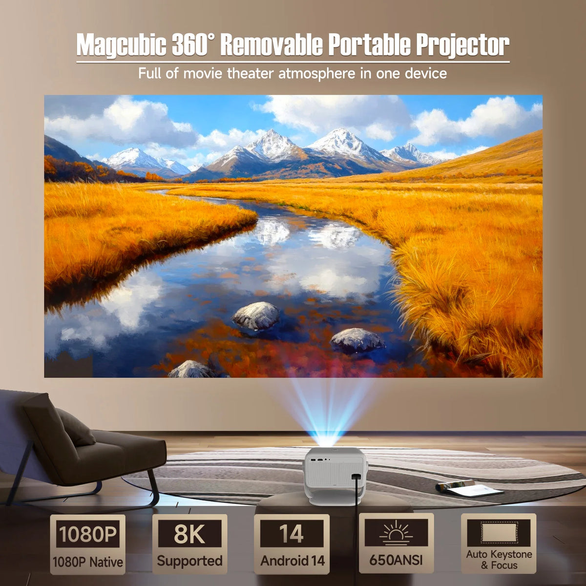 Magcubic L018 650ANSI 1080P Native Projector, 360° Rotation, Auto Focus & 6D Keystone, Android 14 WiFi6 BT5.4 8K Decoding Portable