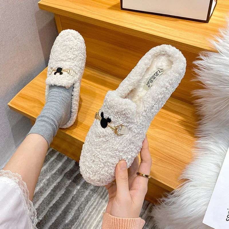 Winter Warm Plush Mules Women One Band Fur Slippers Cozy Cotton Shoes Woman Flats Cover Toe Fleeces Slides Femme Wool Pantuflas