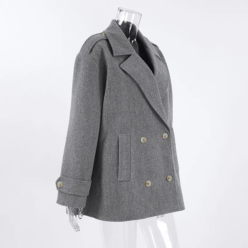 Gray Wool Blend Coat Notched Lapel Double Breasted Long Sleeve Cuff Detail Loose Mid-Length Women Commuter Woolen