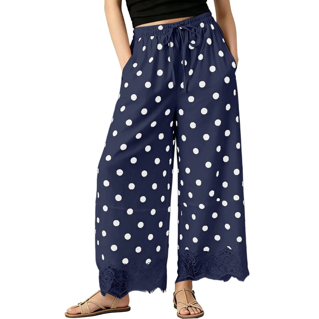 Vintage Polka Dot Women's Pants Lace Hem Loose Wide Leg Pants Drawstring Elastic Waist Side Pocket Baggy Trousers Pantalones