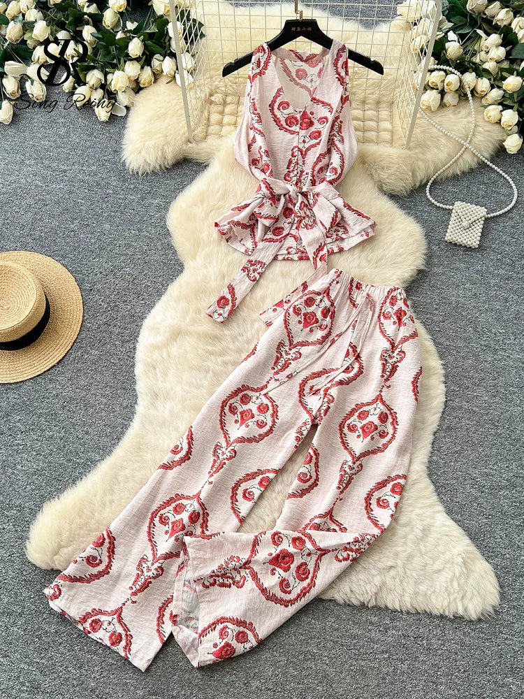 SINGREINY Boho Print Vacation Suits Summer 2026 Sleeveless Lace Up Tank Top+Loose Wide Leg Pant Chic Lazy Casual Women 2pcs Sets