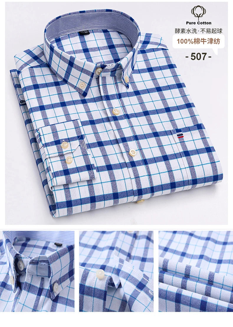 S-6XL Oxford Shirts for Men Long Sleeve Pure Cotton Solid Stripe Leisure Embroidered Horse Streetwear Business Plain Office 6XL