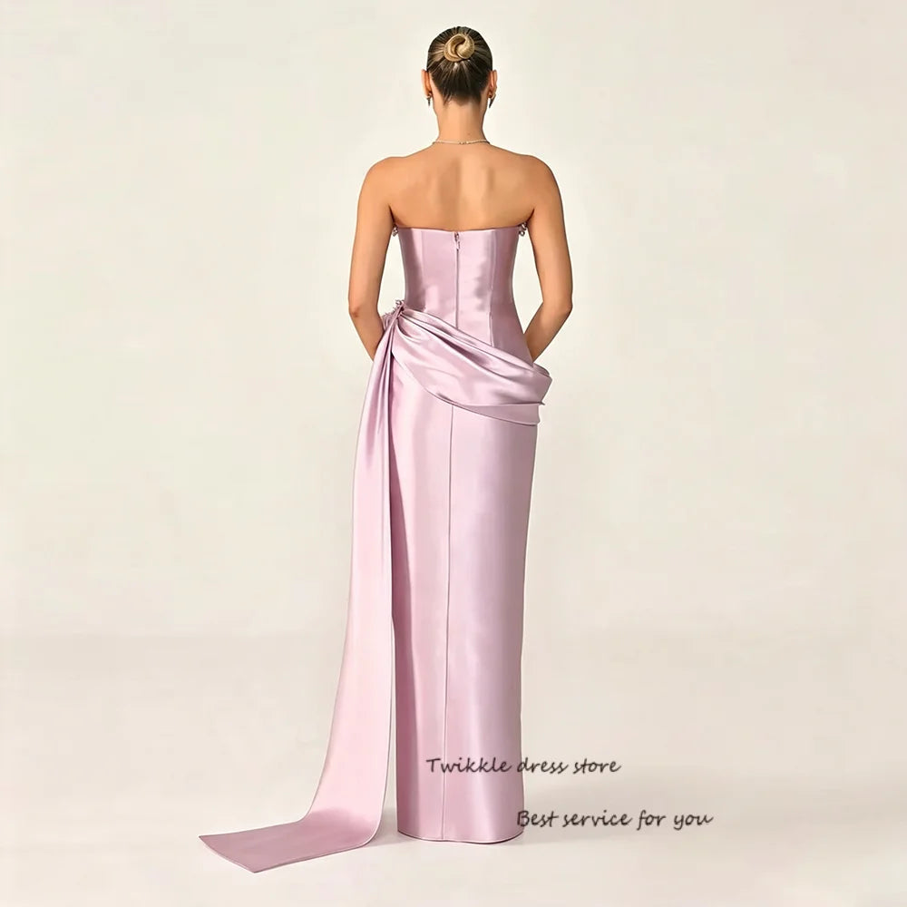 Strapless Satin Evening Dresses Crystal Embellished Mermaid Pink Party Dress with Slit Women's Formal Prom Gowns Customized