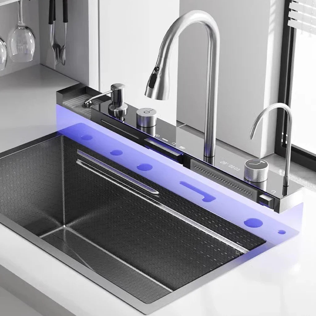 China Factory Kitchenroom Sink Multifunction  Smart Waterfall Stainless Steel Sink Kitchen Kitchen Sinks with 4function