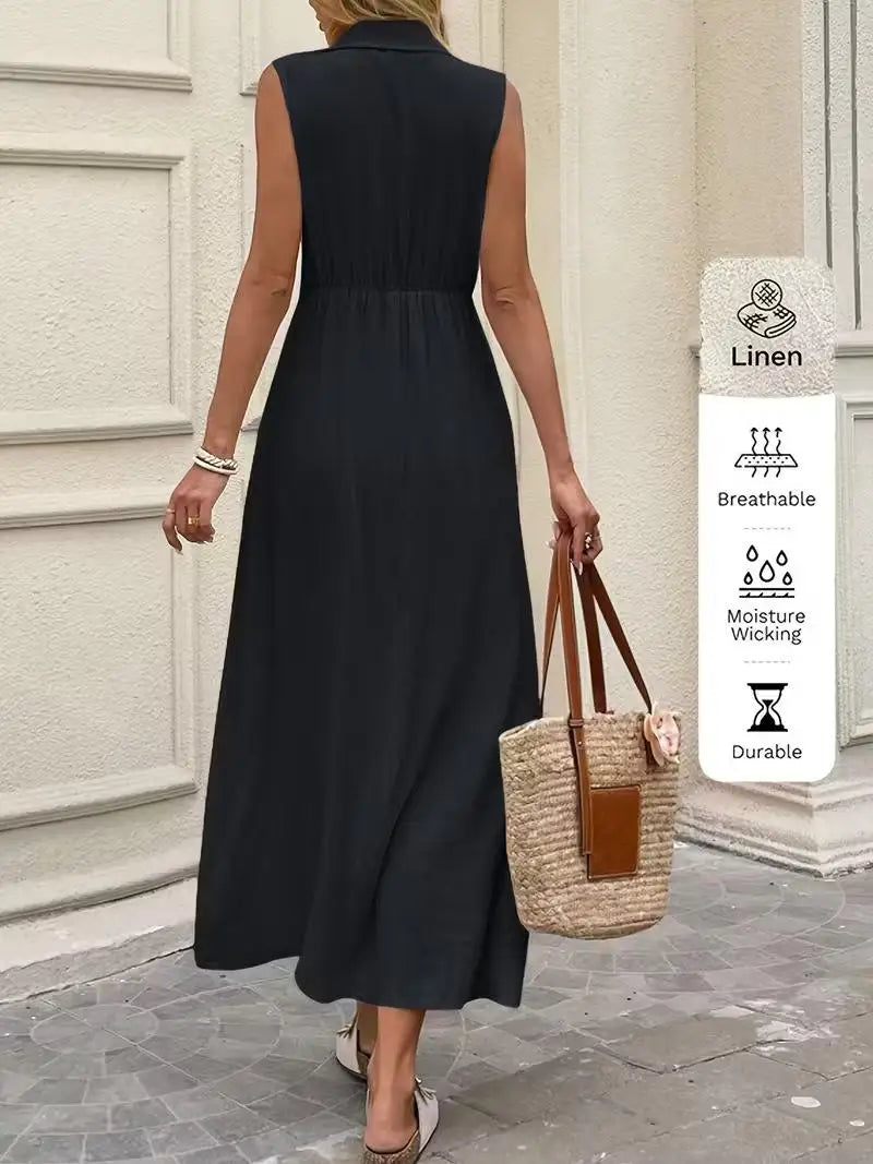 BohemianStyle Dress Sleeveless V-Neck ButtonFront Dresses Elegant Classic Solid Dresses Resort SeasideStyle Vacation Dresses