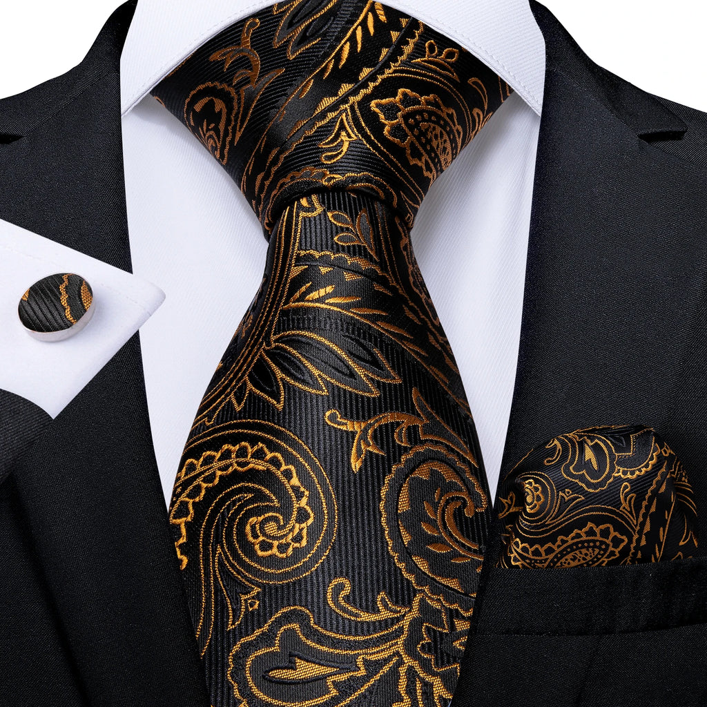 8cm Men's Polyester Ties Pocket Square Cufflinks Green Gold Paisley Wedding Party Accessories Necktie Gift