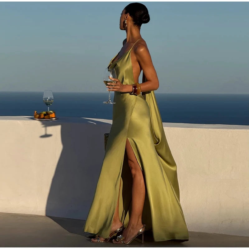 Backless Women Dress Satin Spaghetti Strap Maxi Dresses Back Tail Cowl Drape Front Neck Side Split Hem Elegant Evening Bodycon