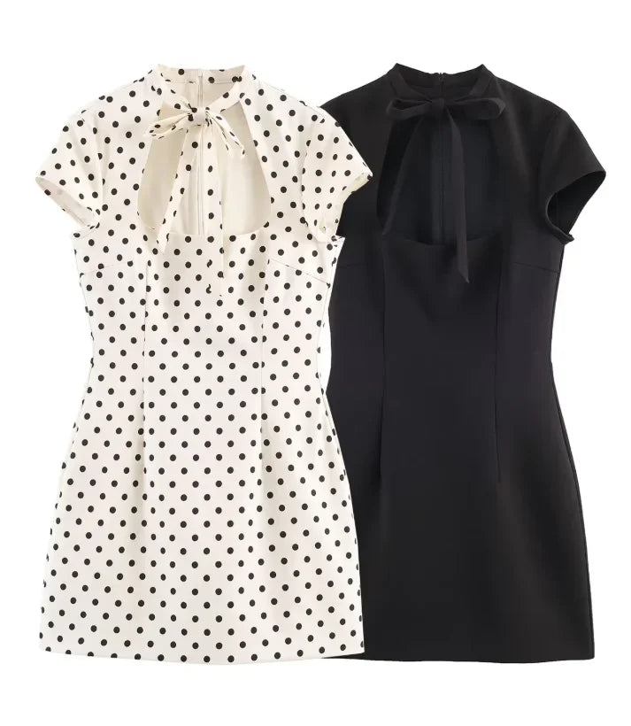 Elegant Lace-up Polka Dot Mini Dress Lady Chic Short-sleeved Waist Cinching Slim A-line Vestidos 2026 Women Evening Party Gowns