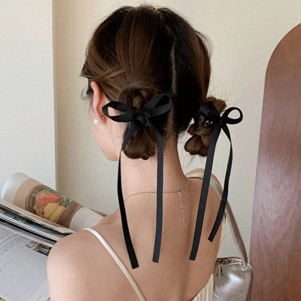 2Pcs Y2K Long Bow Hair Clip Women Girls Ribbon Bow Shark Clip Cute Korean Long Tassel Ribbon Hairpin Girls Hair Accessories