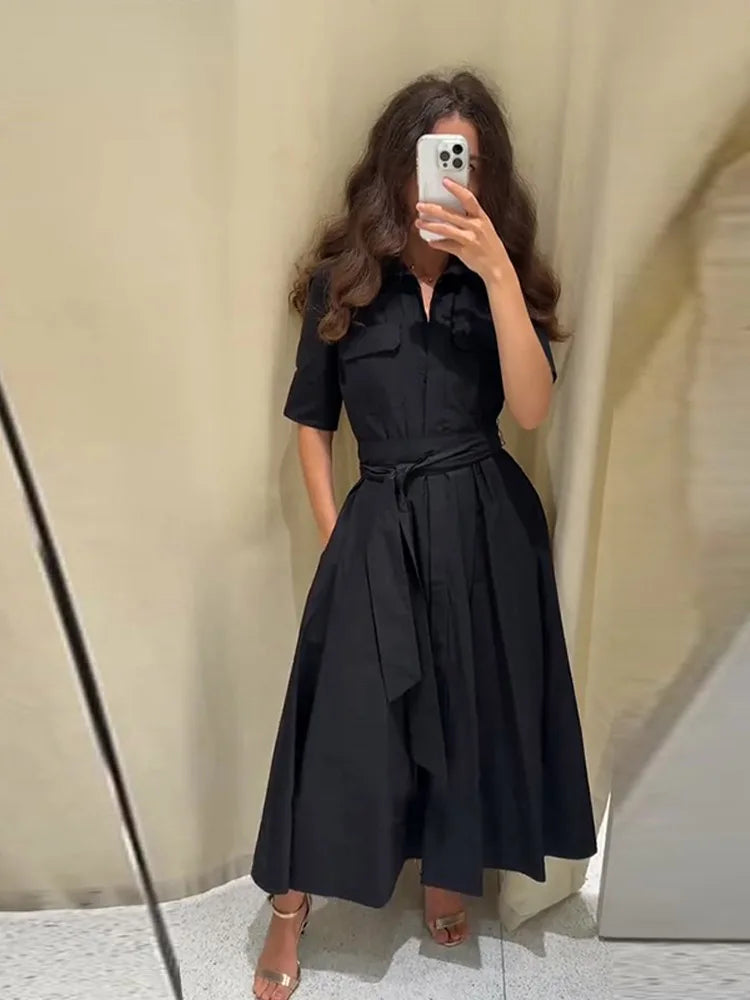 Elegant Belt Women Long Black Dress Full Sleeve Pleated Lapel Waist-Closed Female  A Line Dresses 2026 Spring Lady Robes New