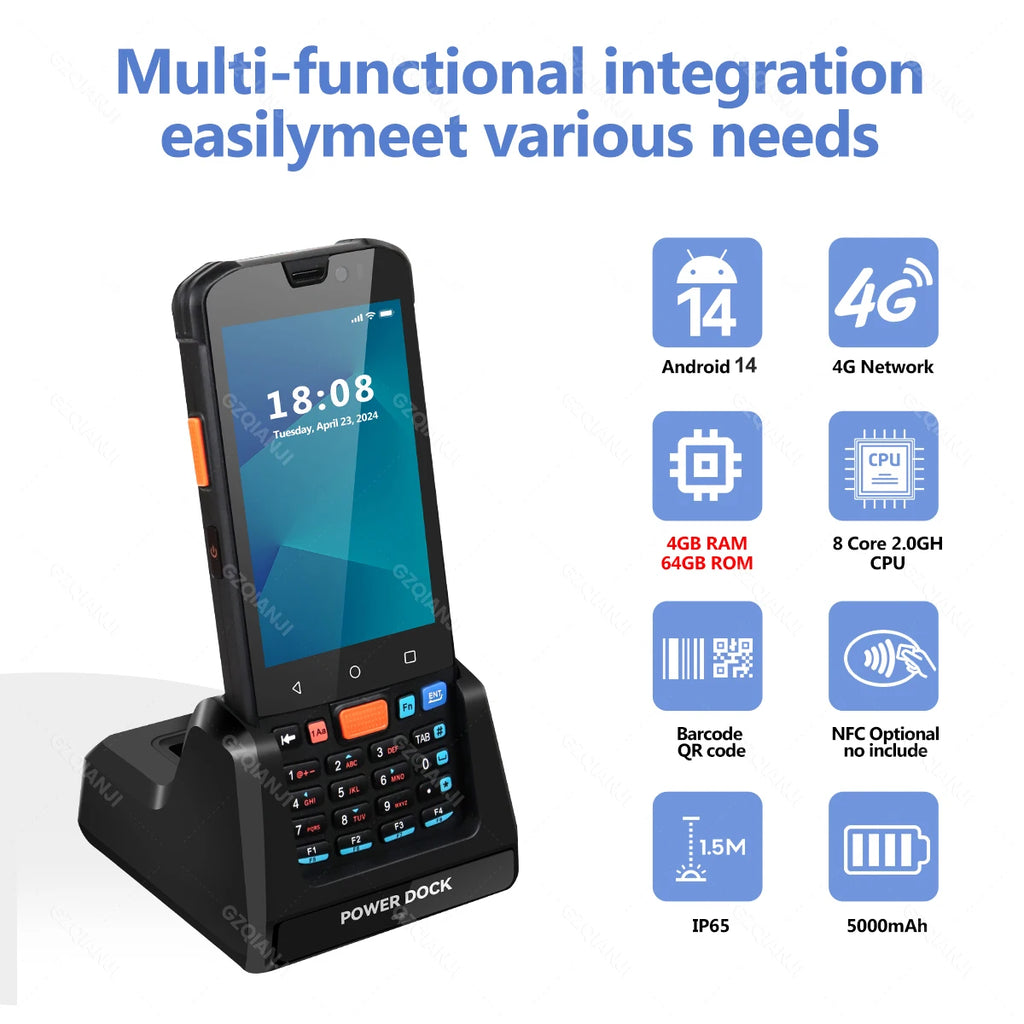 4G Android 11/14 PDA Handheld Terminal Data Collector with 1D Barcode 2D QR Scanner NFC WiFi Bluetooth 3G+32G/4G+64G RAM+ROM