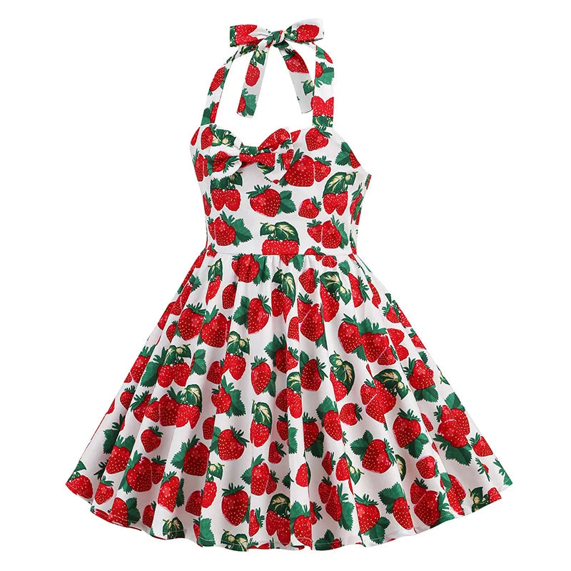 Kids Girls Vintage Halterneck Dress Polka Dots Cherry Strawberry Daily Birthday Party 1950s Swing Dress Summer Princess Dress