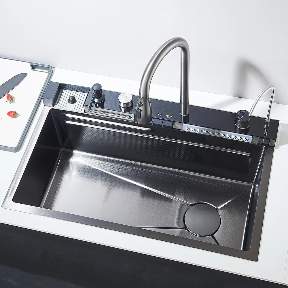 304 Stainless Steel Waterfall Kitchen Sink Large Single Slot Integrated Digital Display Faucet Set Soap Dispenser Cup Washer