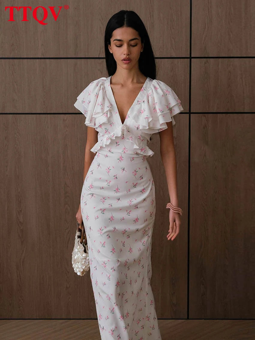 TTQV Sexy Loose Print Women's Dress 2026 Summer V-Neck Short Sleeve Ankle Length Dresses Elegant Classic Ruffles Female Dress