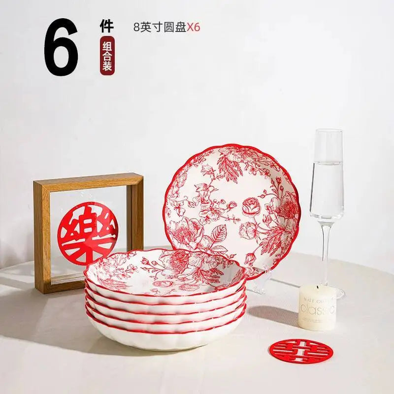 Modern Red Dinner Set Plates Luxury Designer Italian Round Plates Dinner Sets Ceramic Elegant Aparelho De Jantar Kitchen Dishes