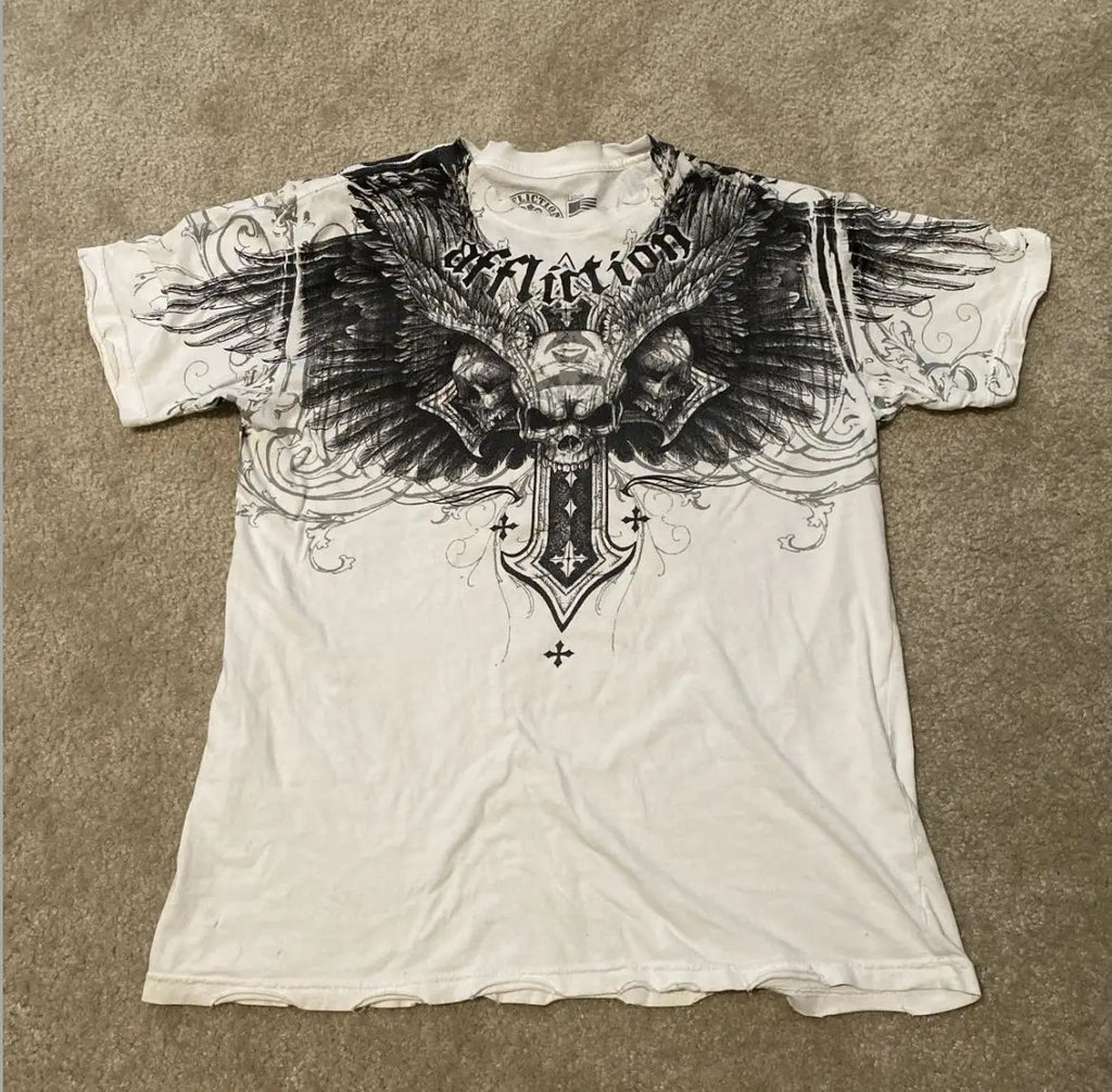 Affliction High Street Y2K Mens T shirt Retro Graphic Print Oversized T Shirt Harajuku Gothic Cotton Short Sleeve Tops New