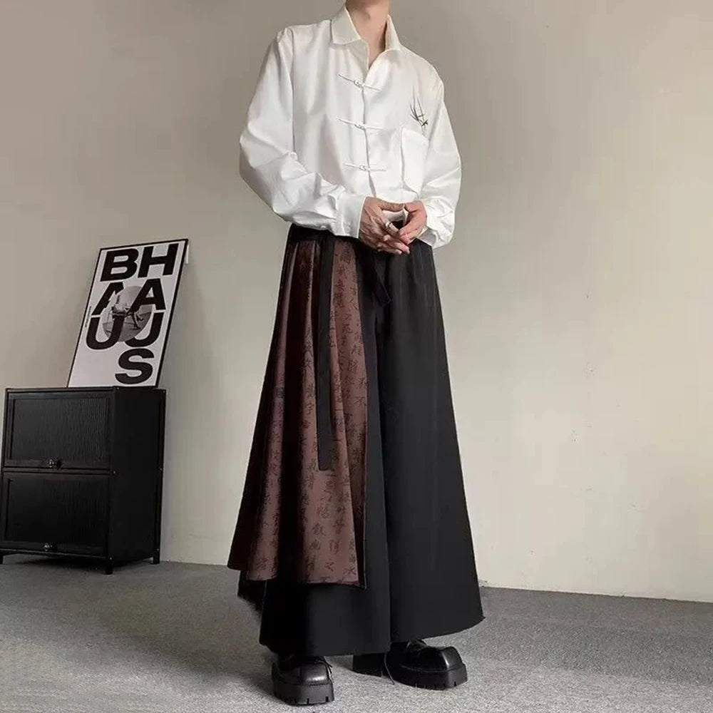 2026 Autumn Winter Mens Double Layer Chinese Calligraphy Splicing Irregular Culottes  Genderless Waist Strap Loose Wide Leg Pant