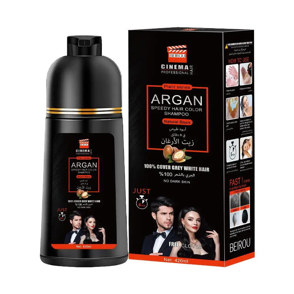 3-in-1 Collagen Argan Oil Shampoo Long-Lasting Black Hair Dye Shampoo for Men Women Nourishes Colors Gray Hair, 420ml Formula