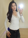Women's V-neck Lace Splicing Top European American Style Casual Wear Autumn New Waist Exposed Fashionable Umbilical