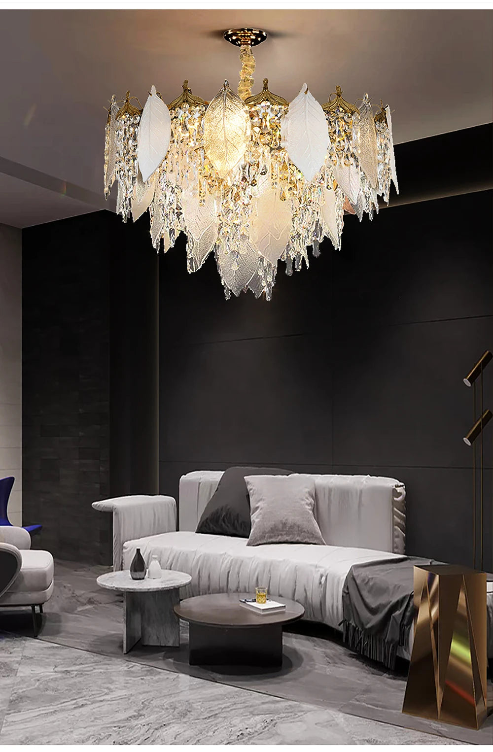 Luxury Porcelain Glass Leaves Chandelier Modern Crystal Hanging Lamps Home Decor Lighting Lustre Villa Living Room Pendant Light