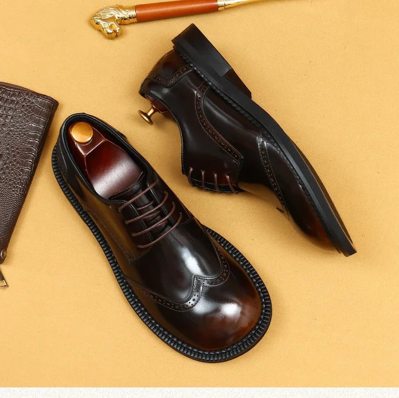 Retro Mens Dress Brogues Shoes Luxury Genuine Leather Round Toe Handmade Fashion Flat Autumn Black Wedding Social Shoes Man 2025