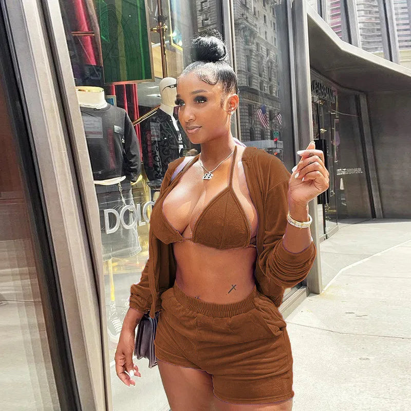 Velvet Tracksuit 3 Piece Set Women Fall Outfits Zipper Hoodies Jacket + Bra + Shorts Sets Sporty Matching Sets Jogging Femme