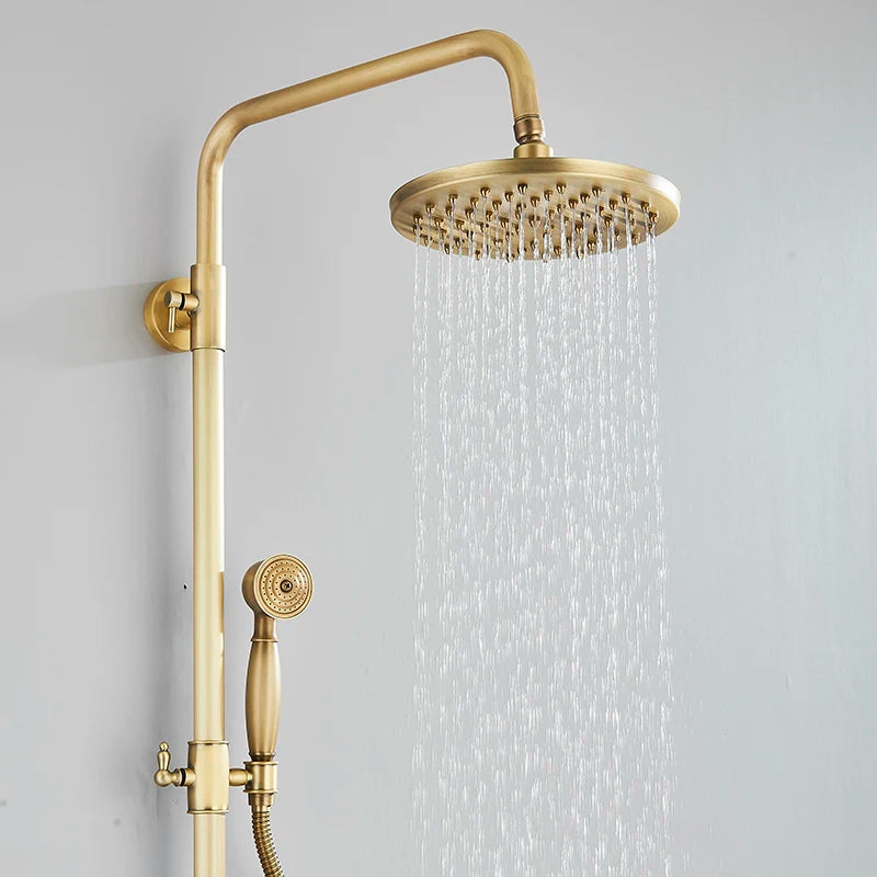 Antique Brass Shower Faucet Set Rainfall Head Shower with Handshower Wall Mount Dual Handle Mixer Bathroom Shower System