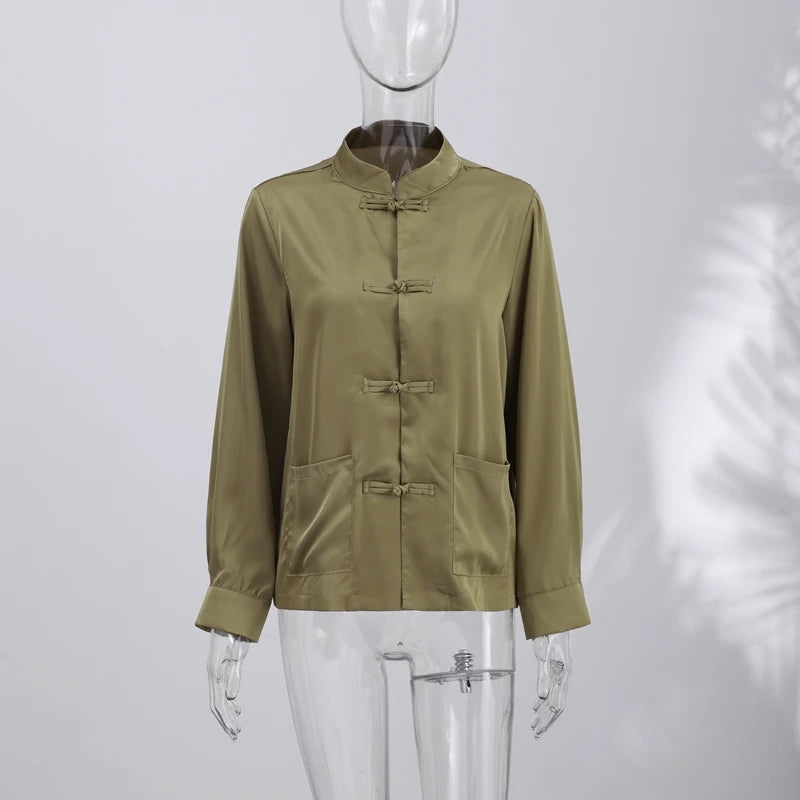 Loose Women's Frog Buttons Mandarin Shirts See Through Stand Collar Full Sleeve Blouses 2026 Summer Lady Cotton Linen Outwear