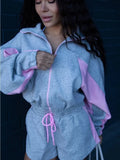 Lady'snavy Chevron Stripe Windbreaker Tracksuit Zip Cropped Jacket Contrast Trim Shorts 2026 Casual Sport Daily Jogging Street