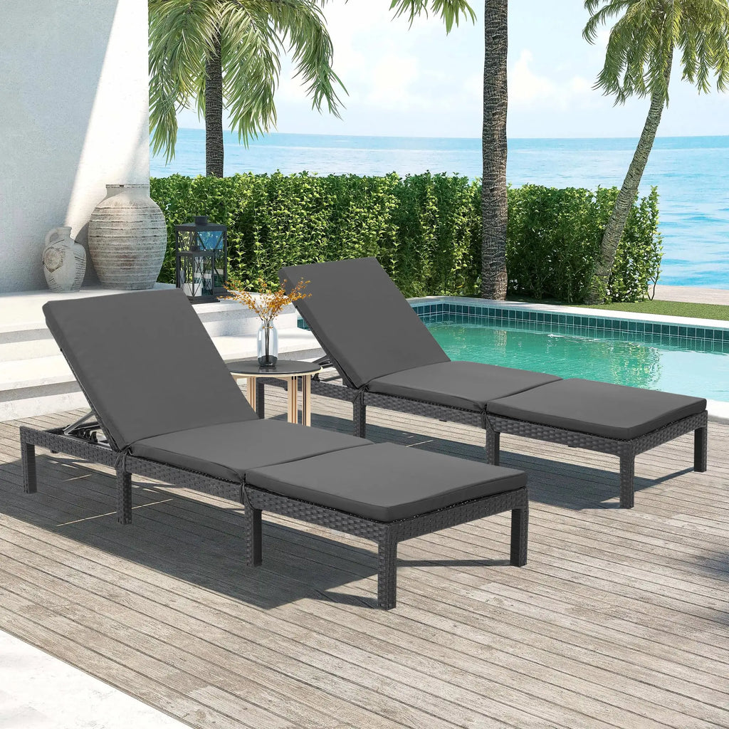 Outdoor Rattan Chaise Loungers with Adjustable Cushion Backrest Pool Terrace Deck