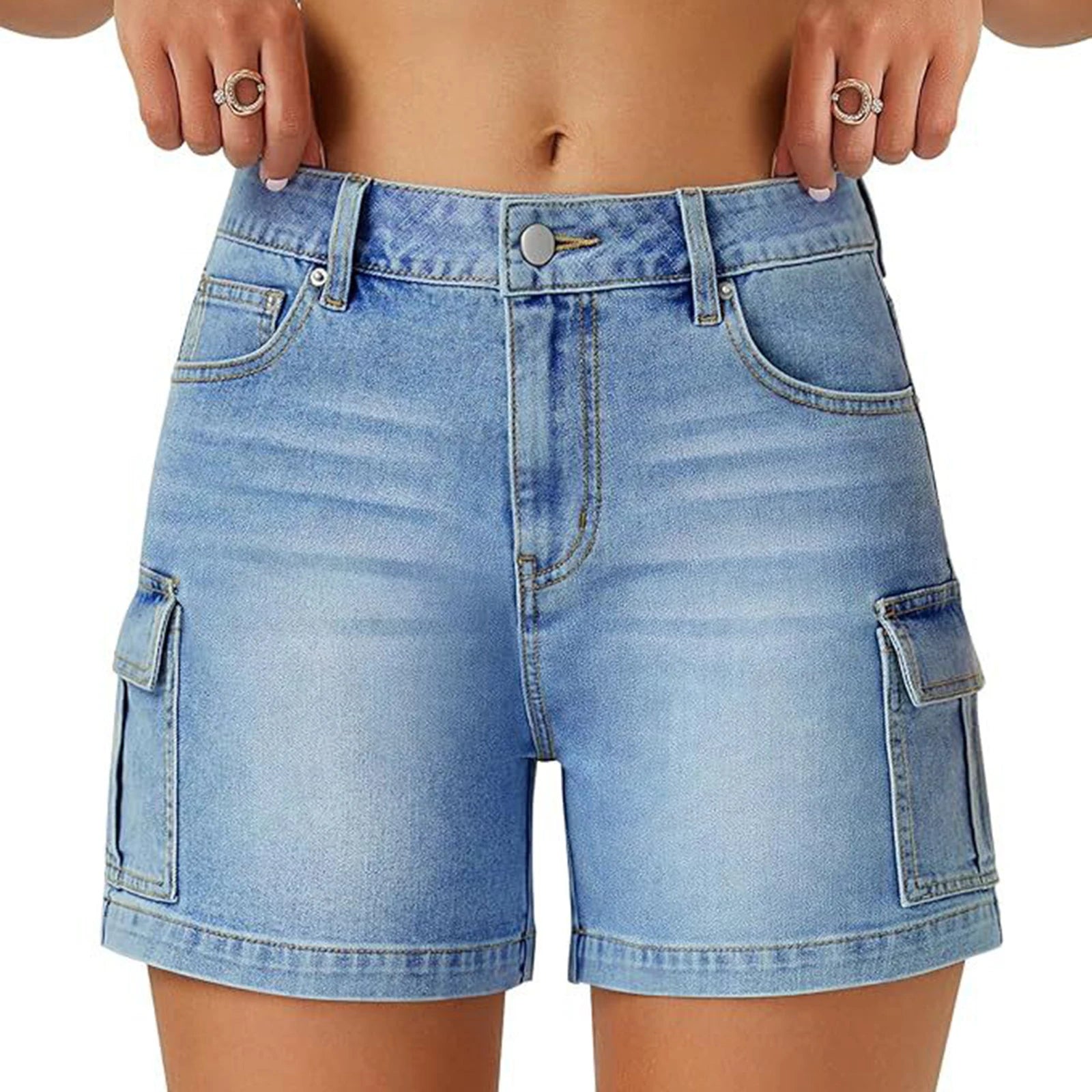 Solid Color Women's Denim Shorts Summer Wear High Waist Slim Cargo Jeans Bottoms Daily Use Soft Comfy Stretch Ladies Casual Pant