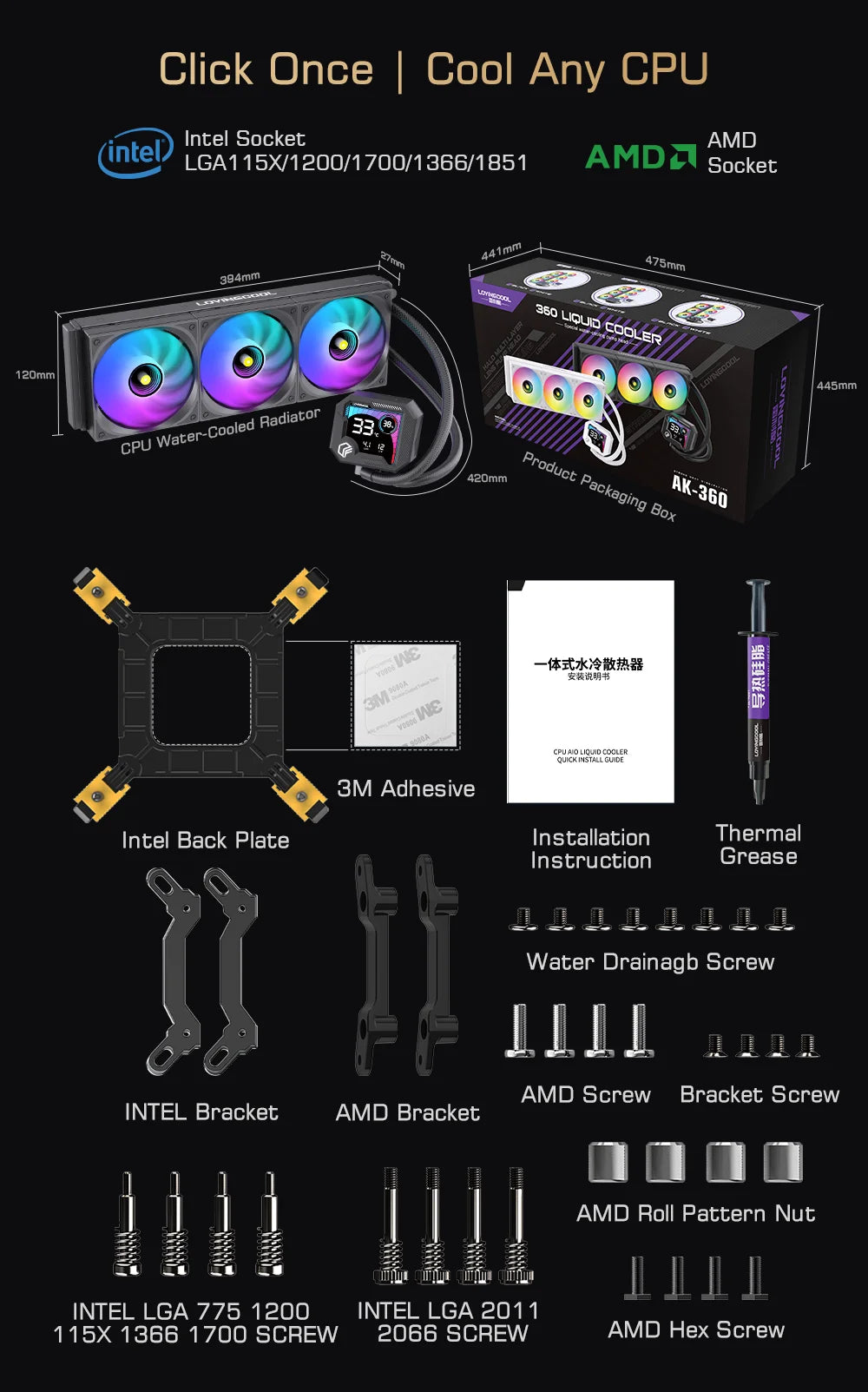 LOVINGCOOL AK-01 AK-03 240mm liquid cooler dynamic digital display screen ARGB PWM integrated water-cooled infinity mirror