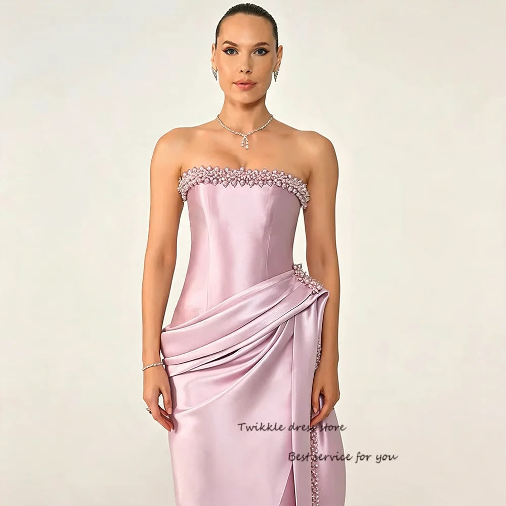 Strapless Satin Evening Dresses Crystal Embellished Mermaid Pink Party Dress with Slit Women's Formal Prom Gowns Customized