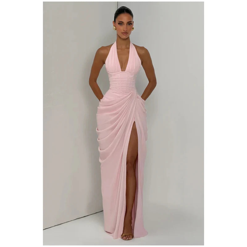 Solid Satin Cowl Neck Women's Dress Elegant Sleeveless Ruched Waist Fishtail Bodycon Lady Vestido 2026 Summer Party Dresses