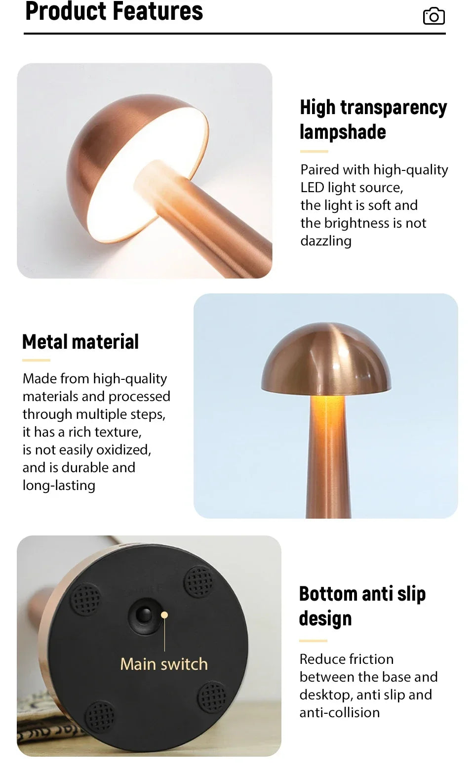 Rechargeable Mushroom Table Lamp Cordless LED Night Light Touch Dimmable Bedside Desk Lamp for Bedroom Living Room Home Decor