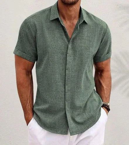 Men's Casual Beach Lightweight Linen Sve Shirt Color Standard Fit Short Sleeve Cleanfit PU Leather Inner Wear Pure Color
