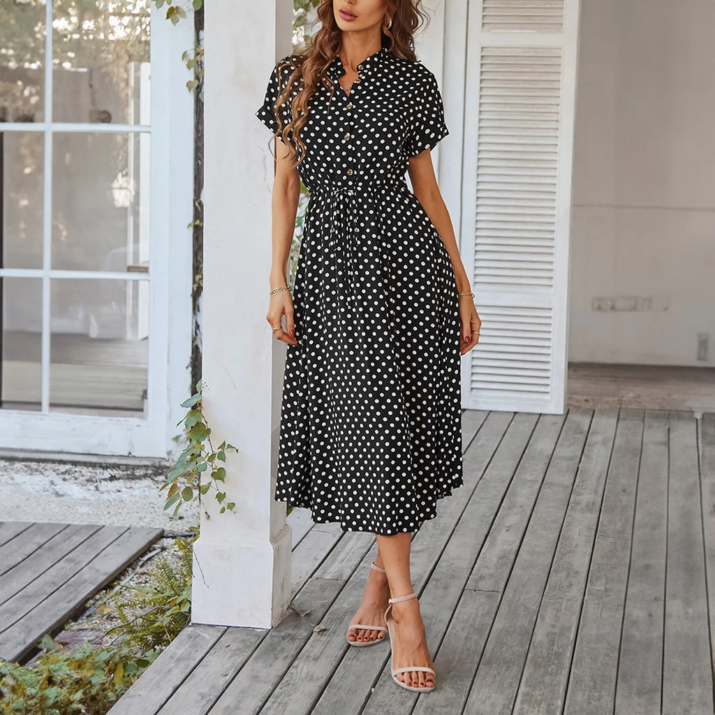 Elegant retro polka dot dress Women's Summer Midi Dress V Neck Single Breasted Short Sleeve Dresses Fashion Print Dress