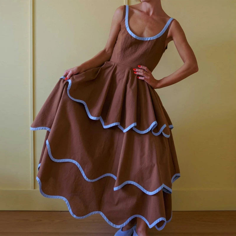 Fashion Women's Dress Round Neck Strapless Sleeveless Cascading Ruffled Hem Dresses Chic 2026 Summer New Daily Wear Ladies Robes