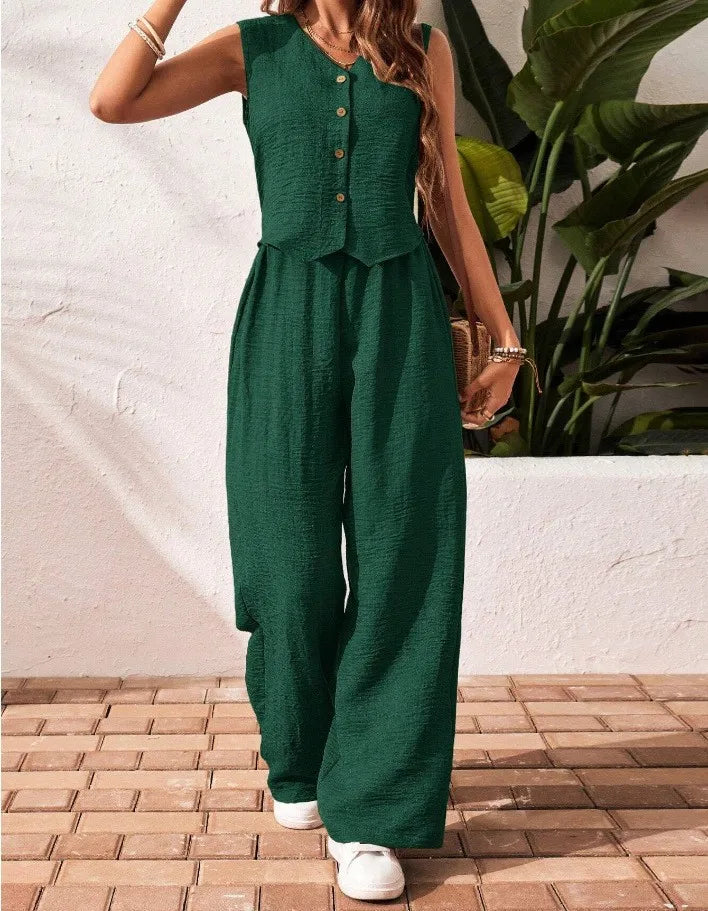 Two-piece Ladies Set 2026 Summer New Versatile Sleeveless V Neck Vest Tops Suits Fashion Casual Loose Tops Wide Leg Pants Sets