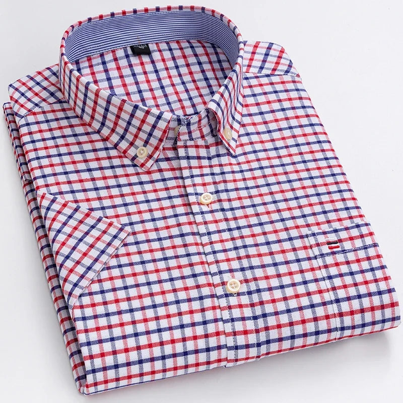 2025 100% Pure Cotton Men's Oxford Short Sleeve Square Collar Soild Plaid Striped Summer Casual Shirts Single Pocket  Shirt