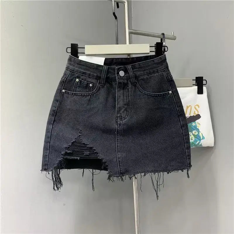 High Ripped Mini Denim Skirt Irregular Raw Fringe Hem Classic Front Pocket Design for Street and Daily Looks