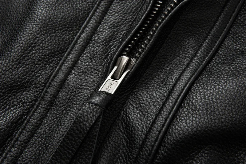 2023 New Motorcycle Causal Vintage Leather Coat Men Autumn Outfit Fashion Biker Pocket Design Top Layer Cow Leather Jacket