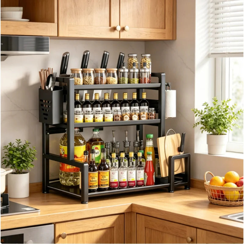 Kitchen Spice Rack Organizer, 3 Tier Adjustable Metal Storage with Knife Holder Hooks Black