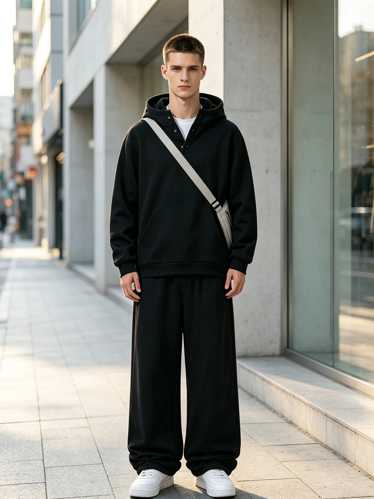 Men Fleece Lined Tracksuit 2‑Piece Set Henley Button Hoodie Sweatshirt Wide Leg Sweatpants Casual Warm Outfit 3 Colors Available