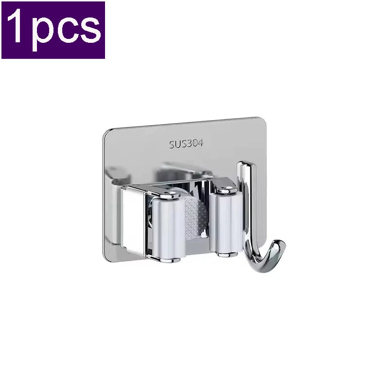 304 Stainless Steel Mop Clip Holder Bathroom Punch-free Mop Broom Brush Hanging Rack Strong Sticky Hook Wall Organizer Shelf
