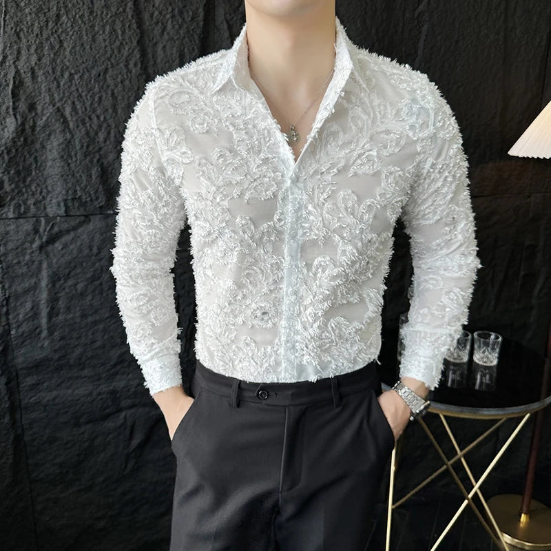 Tassels Shirts For Men Korean New Autumn Winter Long Sleeve Men's Social Shirt Slim Fit All Match Plain Color Blouse Homme 4XL-M