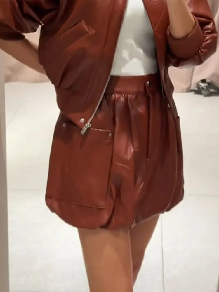 Spring Set Women's Matching Sets Faux Leather Bomber Jacket Two-Piece Set Top Mini Skirt Shorts Pants Woman Clothes Streetwear