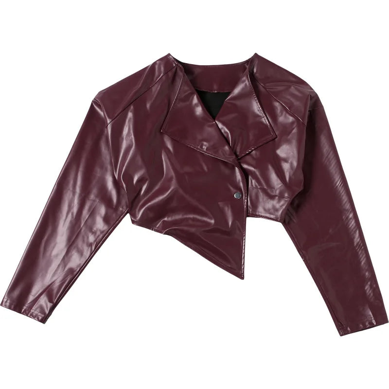 Joskaa 2025 Fall Women's PU Leather Jackets Fashion Solid Lapel Full Sleeve Slim Irregular Crop Coats Outerwear Y2K Streetwear