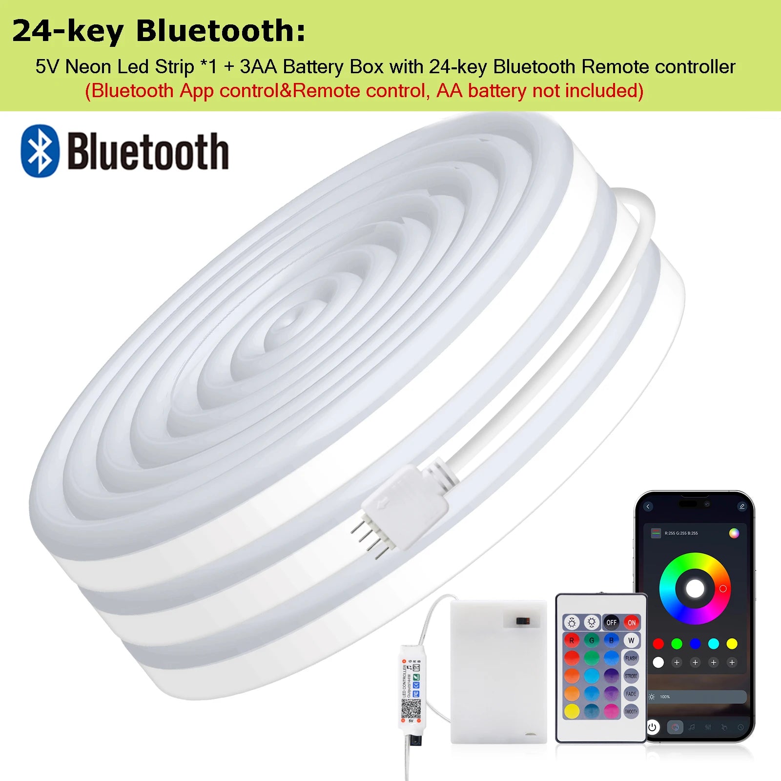 3AA Battery Powered 5V RGB Color-changing LED Neon Strip Light 1M 2M 3M Waterproof With Bluetooth Remote Control For Home Decor